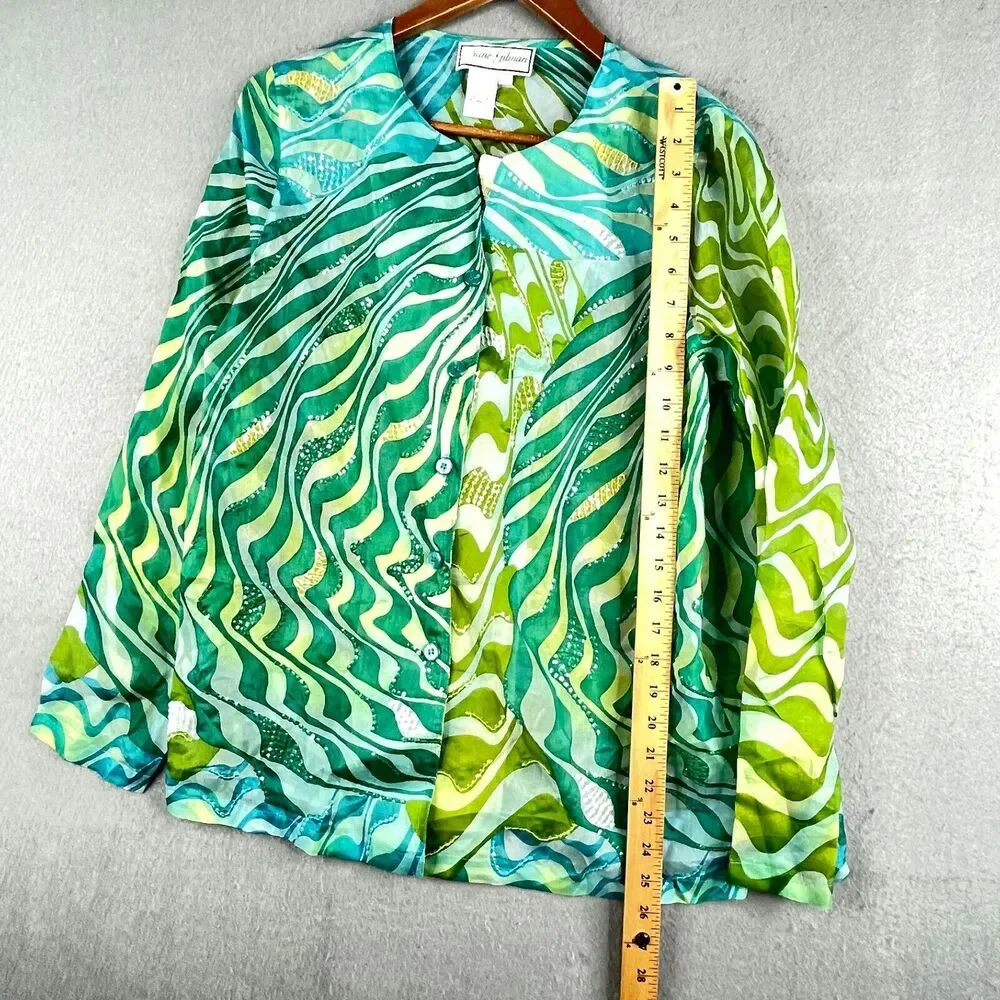 New Diane Gilman Silk Tunic Blouse Womens Med Button Front Sequins Green Blue - Picture 7 of 14